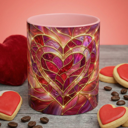 Stained Glass Heart Mug, Valentine Coffee Mug, Romantic Love Mug, Pink Red Ceramic Cup, Gift For Her, Anniversary Gift Mug