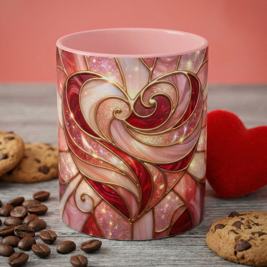 Stained Glass Heart Mug, Valentine Coffee Mug, Romantic Love Cup, Pink Red Ceramic Mug, Gift For Her, Anniversary Gift