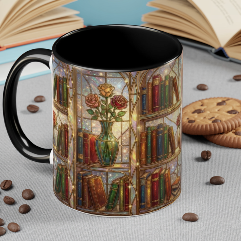 Stained Glass Books Mug, Book Lover Coffee Mug, Cozy Library Mug, Bookish Gift For Readers, Dark Academia Mug, Floral Bookshelf Cup