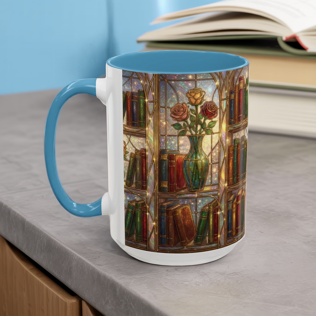 Stained Glass Books Mug, Book Lover Coffee Mug, Cozy Library Mug, Bookish Gift For Readers, Dark Academia Mug, Floral Bookshelf Cup
