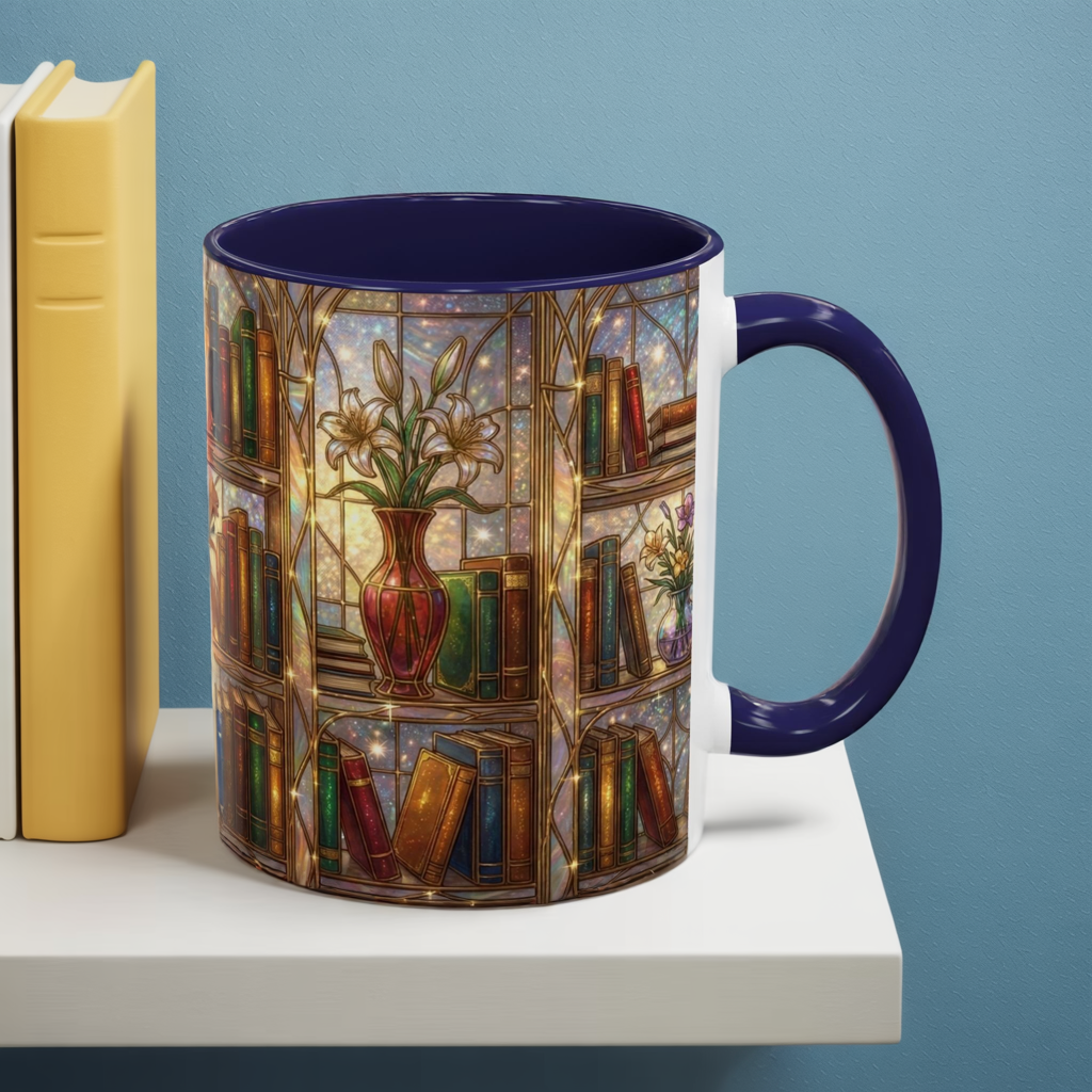 Stained Glass Books Mug, Book Lover Coffee Mug, Cozy Library Mug, Bookish Gift For Readers, Dark Academia Mug, Floral Bookshelf Cup