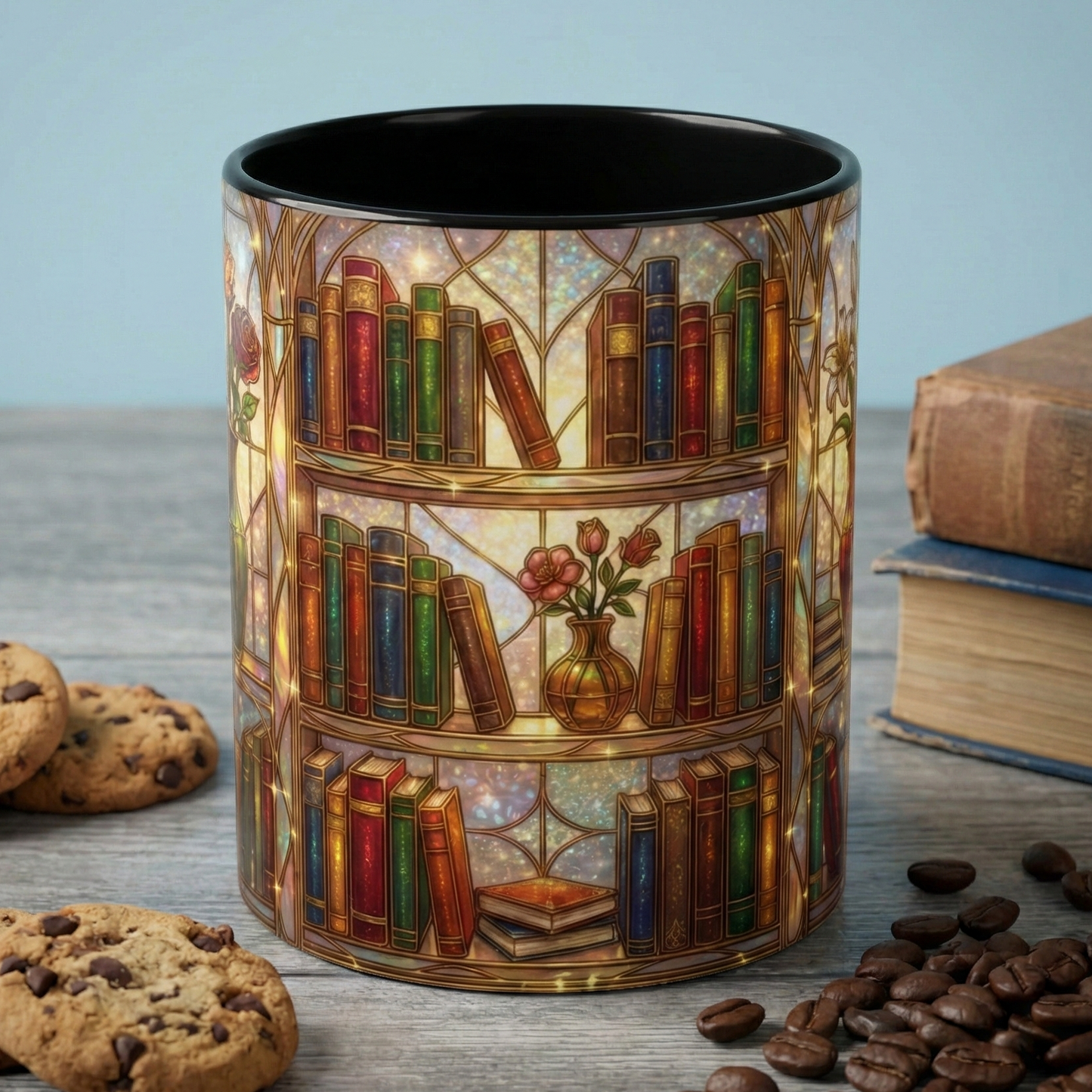 Stained Glass Books Mug, Book Lover Coffee Mug, Cozy Library Mug, Bookish Gift For Readers, Dark Academia Mug, Floral Bookshelf Cup