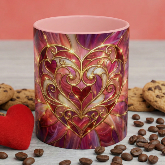 Stained Glass Heart Mug, Romantic Coffee Mug, Valentine Gift Mug, Love Heart Cup, Pink Aesthetic Mug, Anniversary Gift For Her
