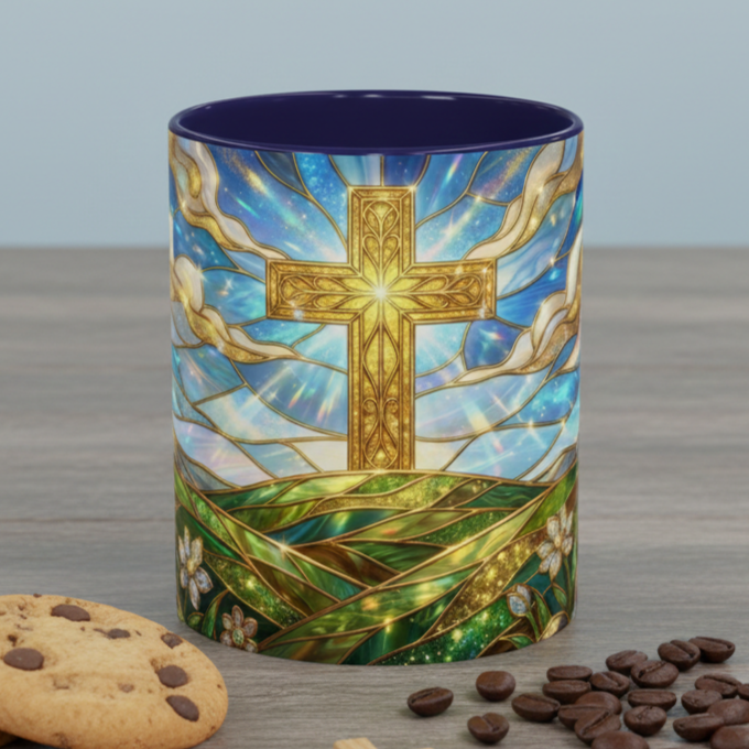 Stained Glass Cross Mug, Christian Coffee Mug, Faith Inspired Art Cup, Religious Gift For Women Men, Inspirational Christian Mug