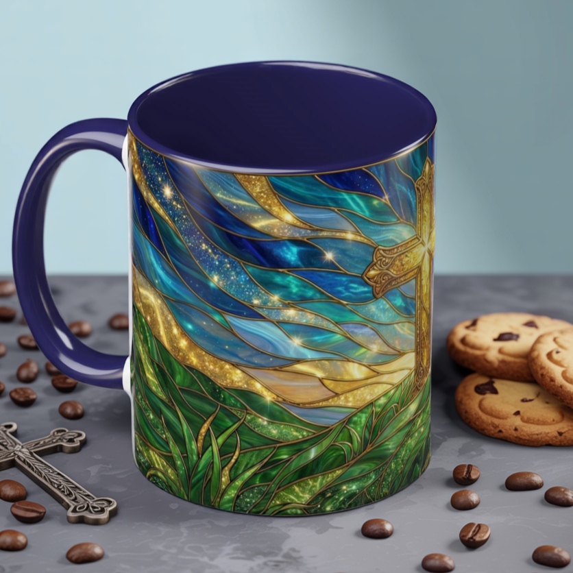 Christian Cross Mug, Stained Glass Cross Coffee Mug, Religious Gift For Christian, Faith Based Mug, Inspirational Bible Mug