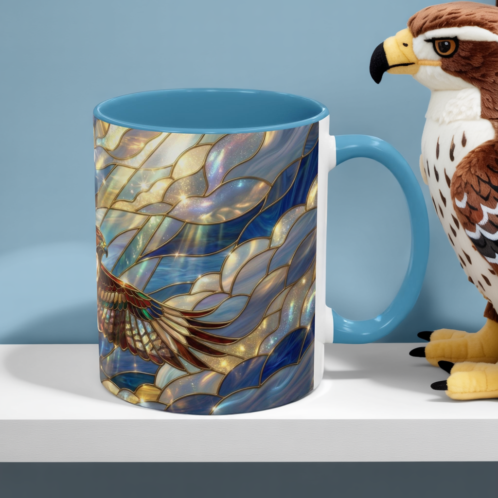 Stained Glass Hawk Mug, Soaring Bird Coffee Mug, Nature Art Hawk Cup, Bird Lover Gift, Stained Glass Style Animal Mug