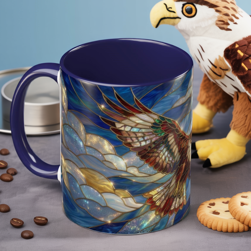 Stained Glass Hawk Mug, Soaring Bird Coffee Mug, Nature Art Hawk Cup, Bird Lover Gift, Stained Glass Style Animal Mug