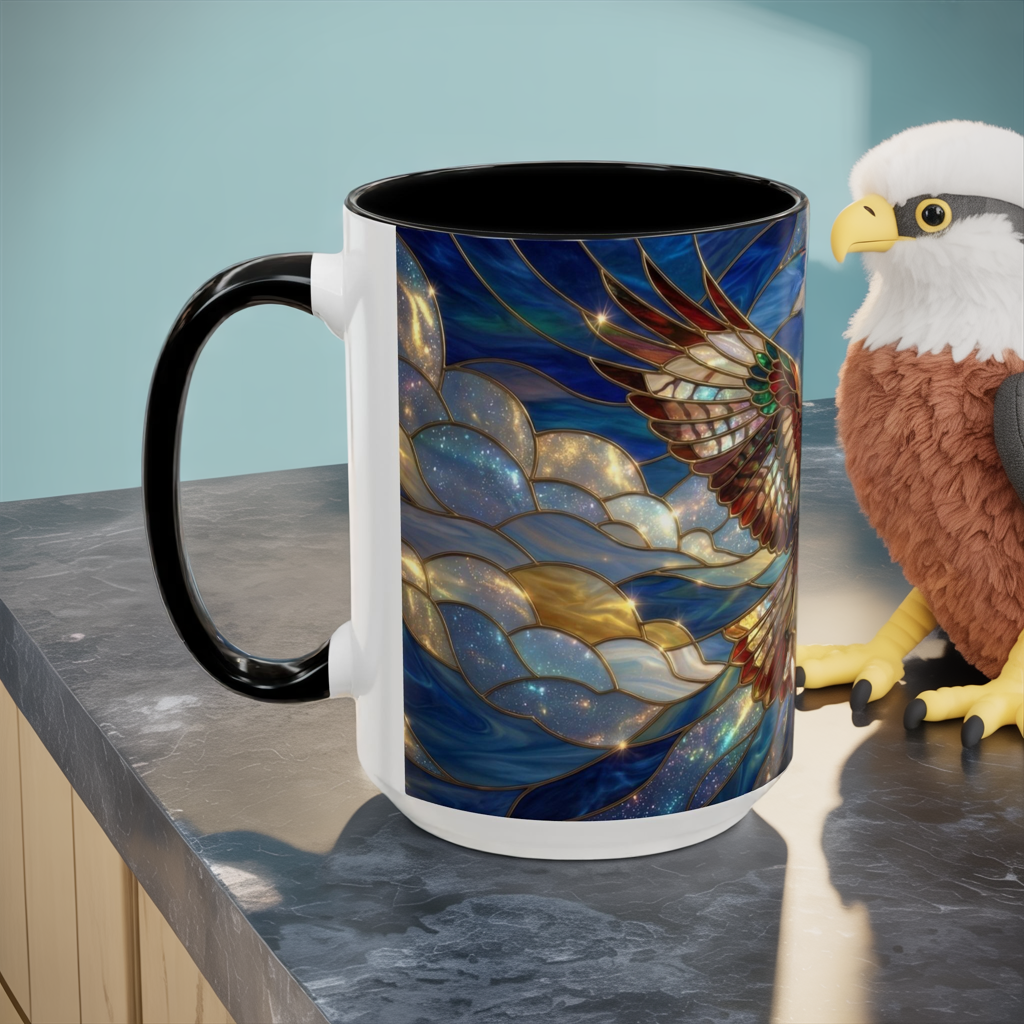 Stained Glass Hawk Mug, Soaring Bird Coffee Mug, Nature Art Hawk Cup, Bird Lover Gift, Stained Glass Style Animal Mug