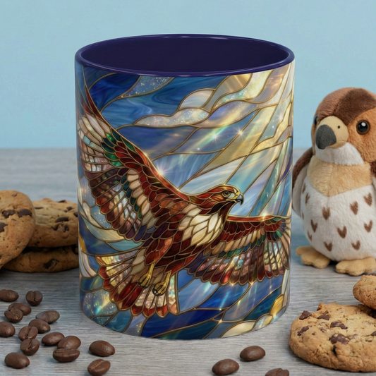 Stained Glass Hawk Mug, Soaring Bird Coffee Mug, Nature Art Hawk Cup, Bird Lover Gift, Stained Glass Style Animal Mug
