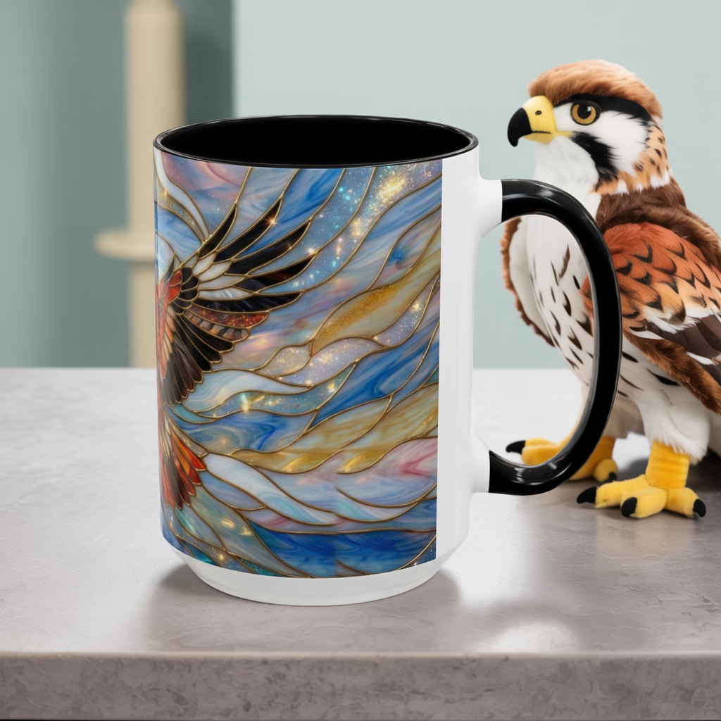 Hawk Coffee Mug, Stained Glass Hawk Mug, Bird of Prey Art Mug, Nature Lover Gift, Unique Ceramic Coffee Cup, 11oz 15oz Wildlife Mug