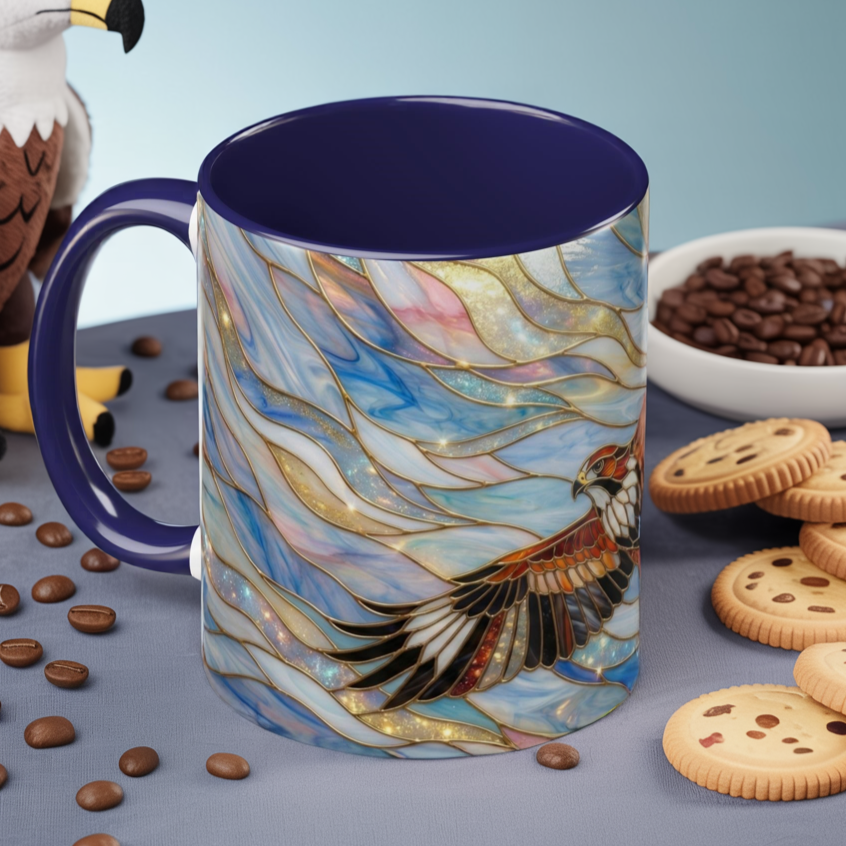Hawk Coffee Mug, Stained Glass Hawk Mug, Bird of Prey Art Mug, Nature Lover Gift, Unique Ceramic Coffee Cup, 11oz 15oz Wildlife Mug