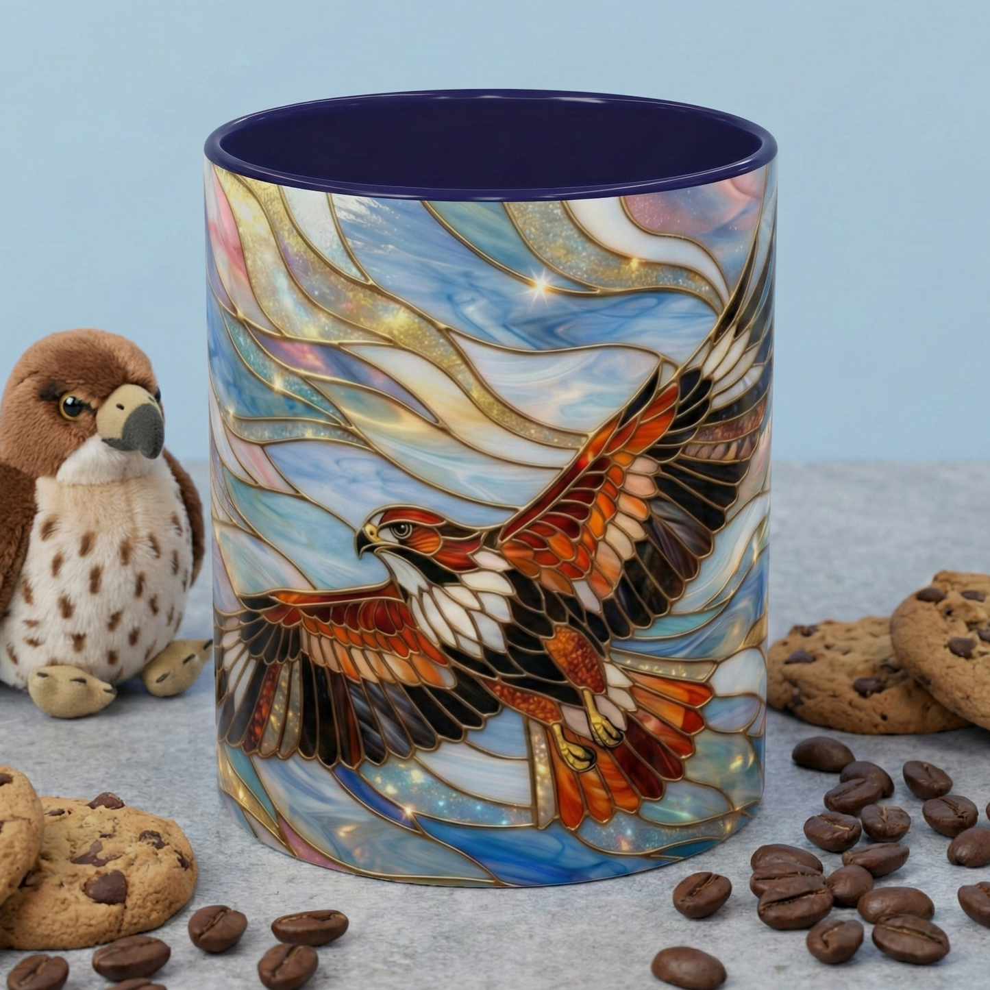 Hawk Coffee Mug, Stained Glass Hawk Mug, Bird of Prey Art Mug, Nature Lover Gift, Unique Ceramic Coffee Cup, 11oz 15oz Wildlife Mug