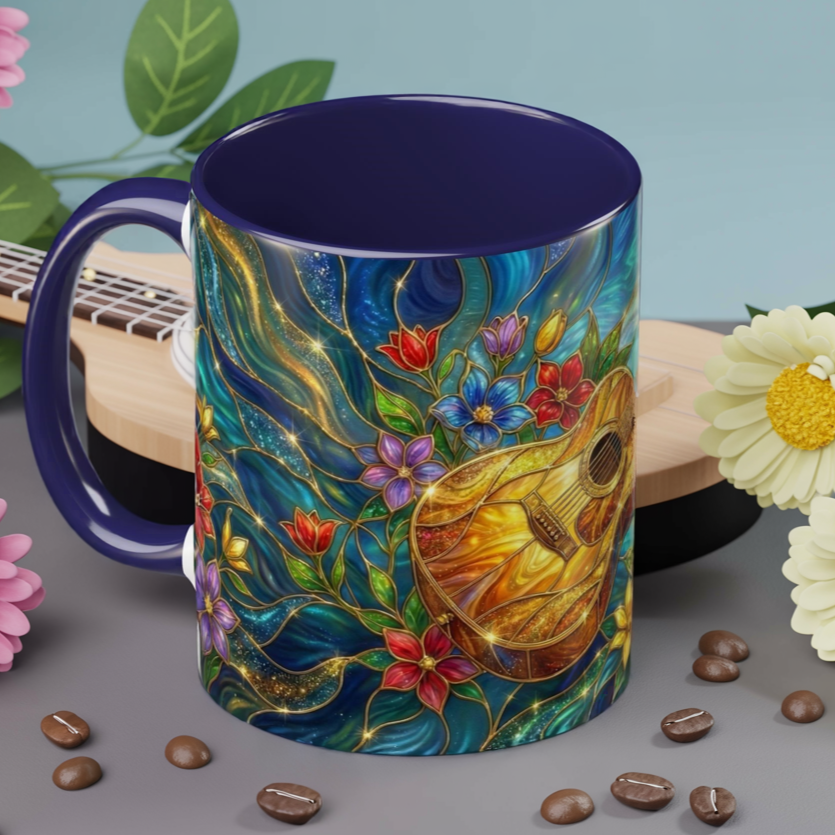 Guitar Coffee Mug, Stained Glass Guitar Art Mug, Music Lover Gift, Floral Acoustic Guitar Mug, Ceramic Coffee Cup, Unique Musician Gift, 11oz