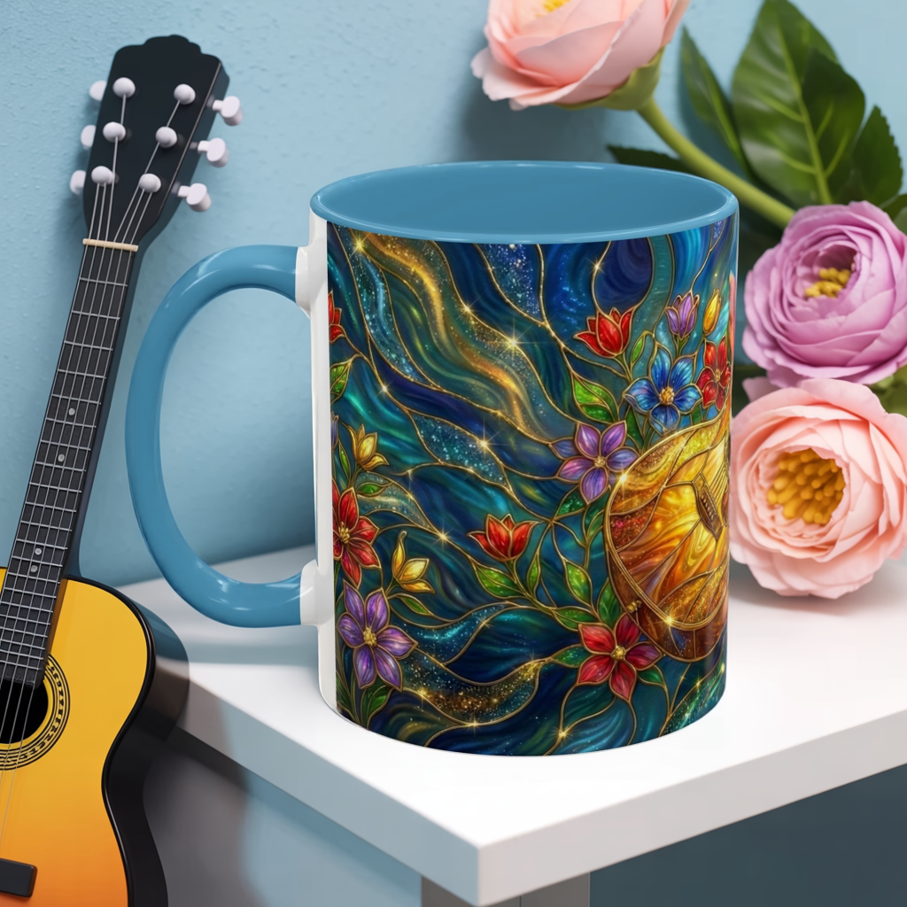 Guitar Coffee Mug, Stained Glass Guitar Art Mug, Music Lover Gift, Floral Acoustic Guitar Mug, Ceramic Coffee Cup, Unique Musician Gift, 11oz
