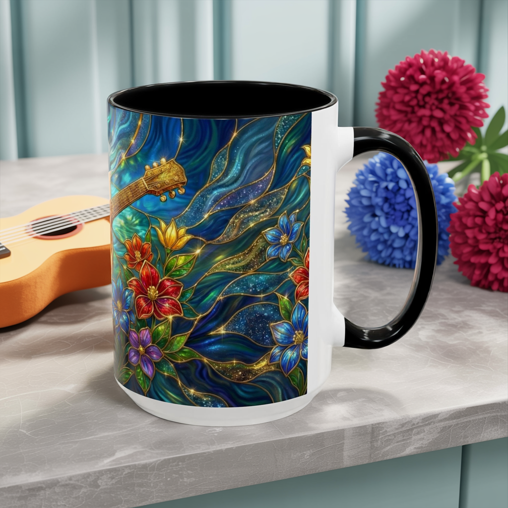 Guitar Coffee Mug, Stained Glass Guitar Art Mug, Music Lover Gift, Floral Acoustic Guitar Mug, Ceramic Coffee Cup, Unique Musician Gift, 11oz