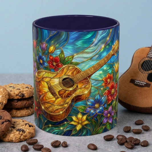 Guitar Coffee Mug, Stained Glass Guitar Art Mug, Music Lover Gift, Floral Acoustic Guitar Mug, Ceramic Coffee Cup, Unique Musician Gift, 11oz