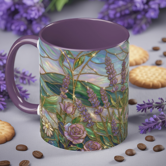 Lavender Coffee Mug, Stained Glass Floral Mug, Botanical Art Mug, Cottagecore Flower Mug, Nature Lover Gift, Ceramic Coffee Cup, 11oz 15oz