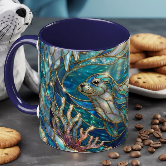 Seal Coffee Mug, Stained Glass Seal Mug, Cute Ocean Animal Art Mug, Marine Life Gift, Unique Ceramic Coffee Cup, 11oz 15oz Wildlife Mug