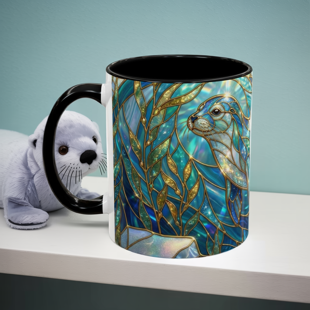 Seal Coffee Mug, Stained Glass Seal Mug, Cute Marine Animal Art Mug, Ocean Lover Gift, Unique Ceramic Coffee Cup, 11oz 15oz Coastal Mug
