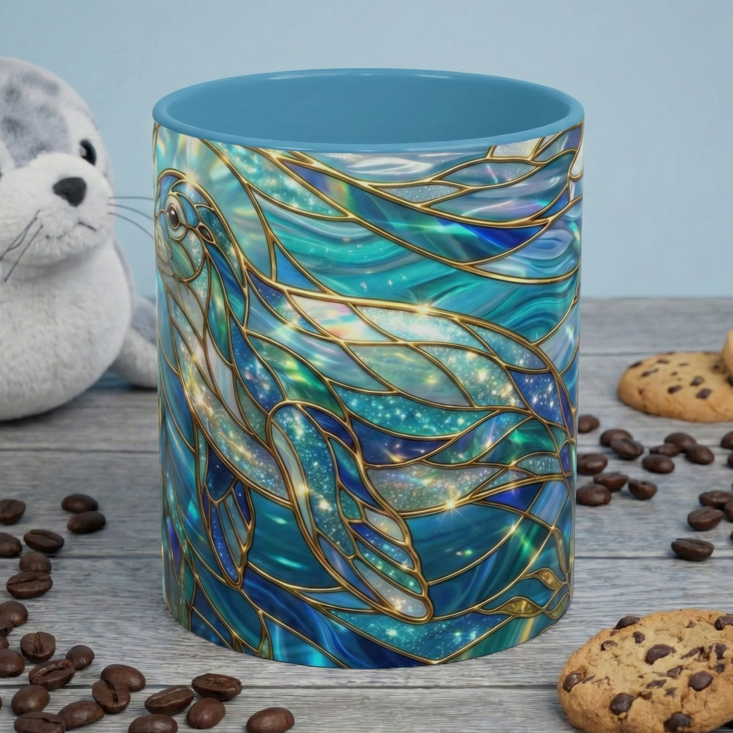 Seal Coffee Mug, Stained Glass Seal Mug, Cute Marine Animal Art Mug, Ocean Lover Gift, Unique Ceramic Coffee Cup, 11oz 15oz Coastal Mug