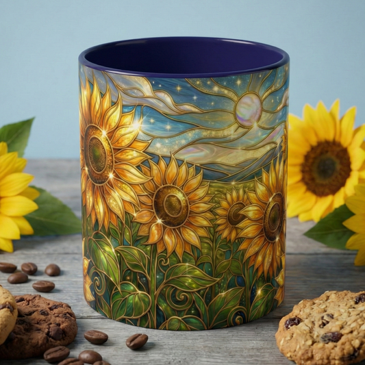 Sunflower Coffee Mug, Stained Glass Sunflower Mug, Floral Art Coffee Cup, Yellow Flower Mug, Cottagecore Gift, 11oz 15oz Ceramic Mug