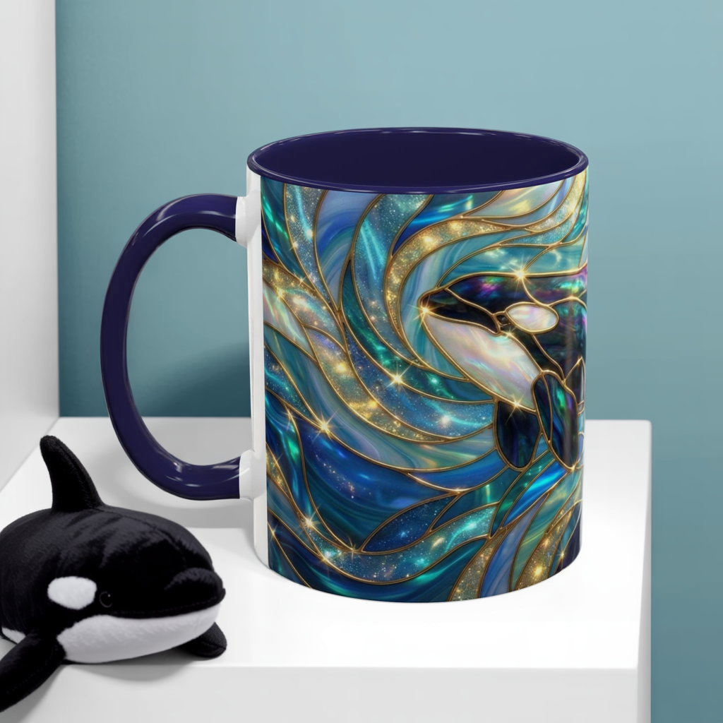 Orca Coffee Mug, Killer Whale Mug, Stained Glass Orca Art Mug, Ocean Animal Coffee Cup, Marine Life Gift, 11oz 15oz Ceramic Mug
