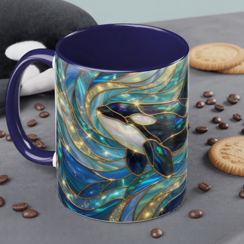 Orca Coffee Mug, Killer Whale Mug, Stained Glass Orca Art Mug, Ocean Animal Coffee Cup, Marine Life Gift, 11oz 15oz Ceramic Mug