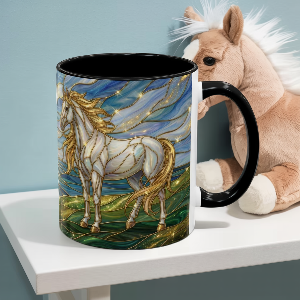 Swan And Horse Coffee Mug, Stained Glass Fantasy Art Mug, Elegant Animal Coffee Cup, Mythical Nature Gift, 11oz 15oz Ceramic Mug