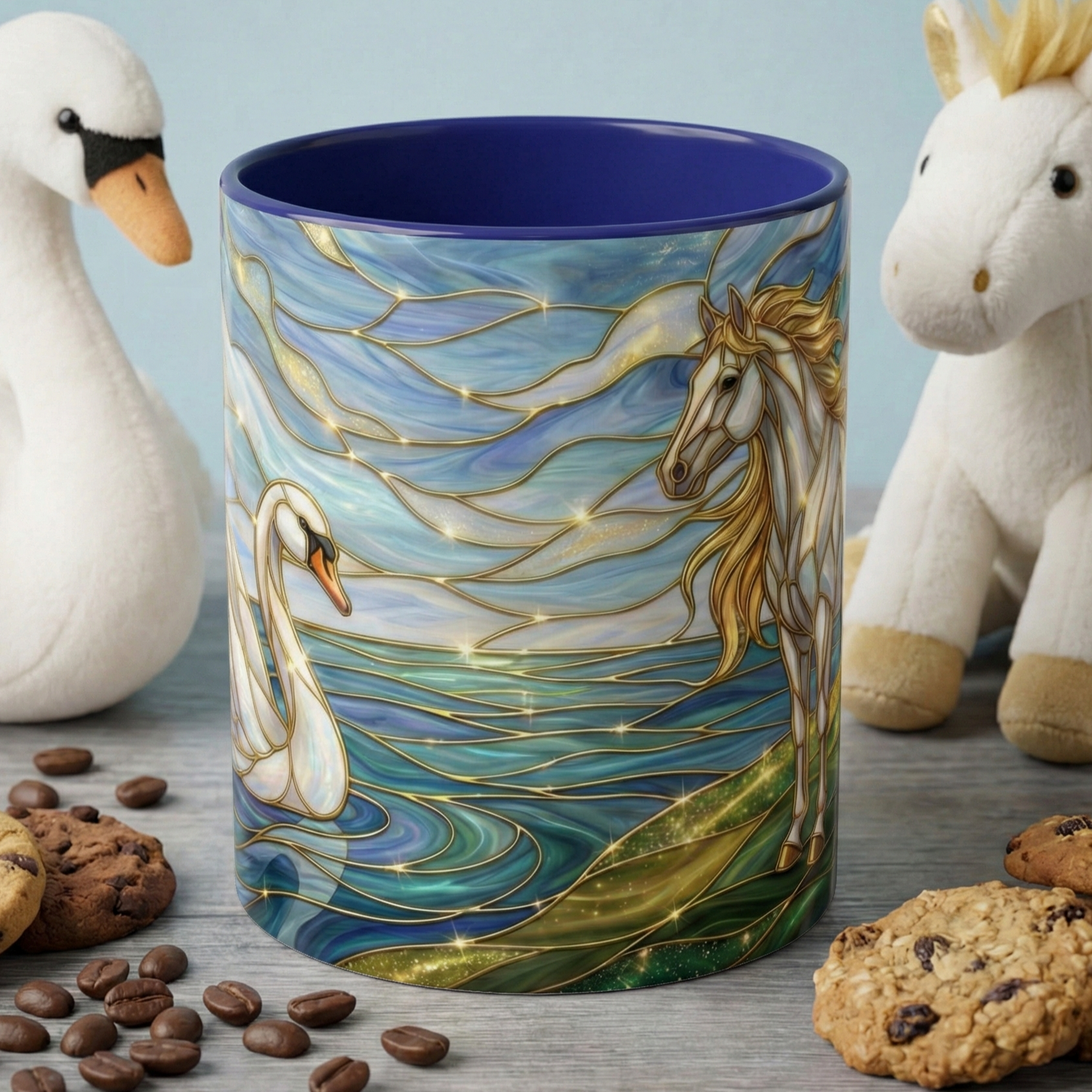 Swan And Horse Coffee Mug, Stained Glass Fantasy Art Mug, Elegant Animal Coffee Cup, Mythical Nature Gift, 11oz 15oz Ceramic Mug
