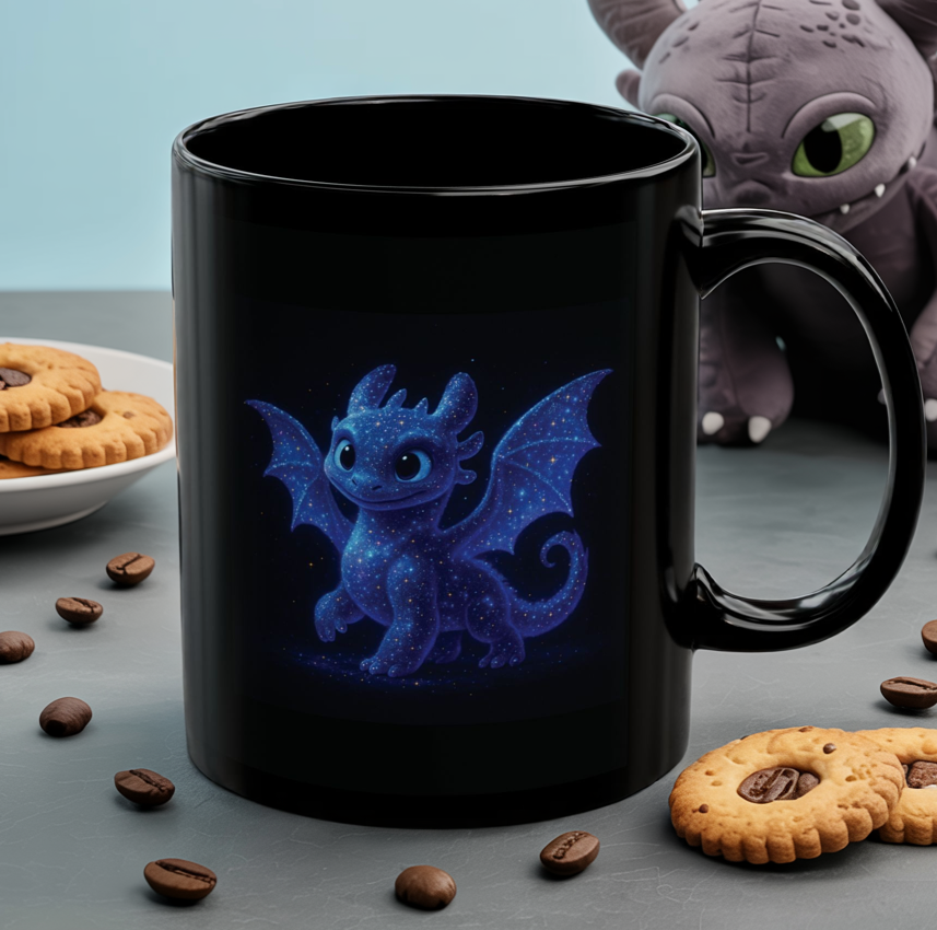Cute Dragon Coffee Mug, Baby Dragon Mug, Galaxy Dragon Art Mug, Fantasy Coffee Cup, Kawaii Dragon Gift, 11oz 15oz Black Mug