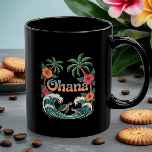 Ohana Hawaiian Mug - Tropical Beach Coffee Cup with Sea Turtles & Palm Trees - Family Gift Idea - Coastal Vibes Island Aesthetic