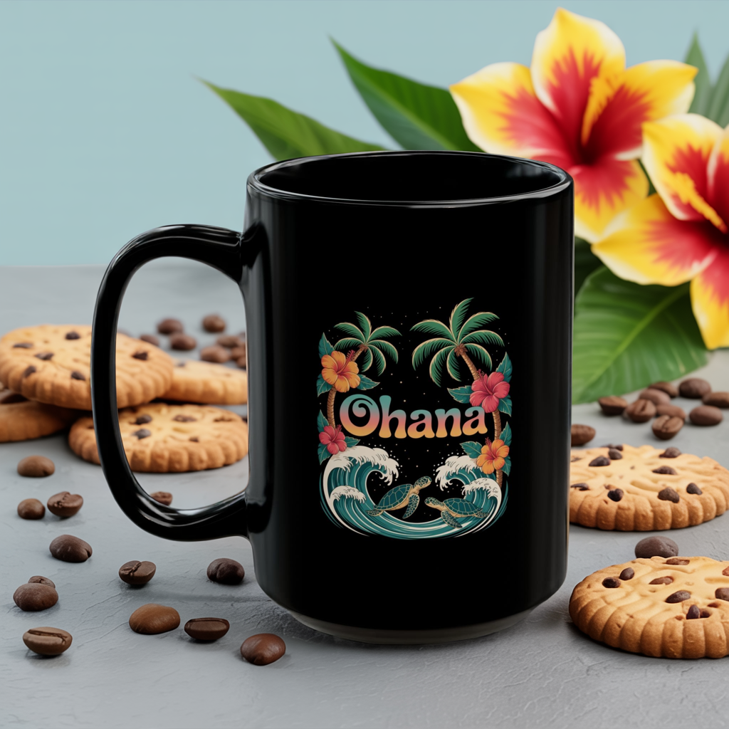 Ohana Hawaiian Mug - Tropical Beach Coffee Cup with Sea Turtles & Palm Trees - Family Gift Idea - Coastal Vibes Island Aesthetic