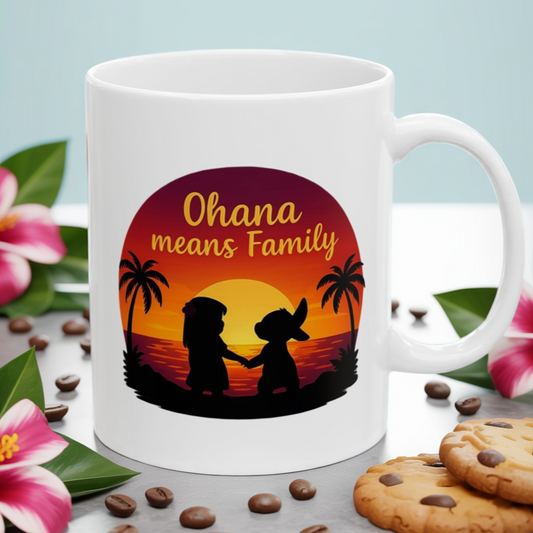 Ohana Means Family Mug – Cute Hawaiian Coffee Cup, Tropical Sunset Gift, Family Inspired Mug for Mom, Wife, or Best Friend