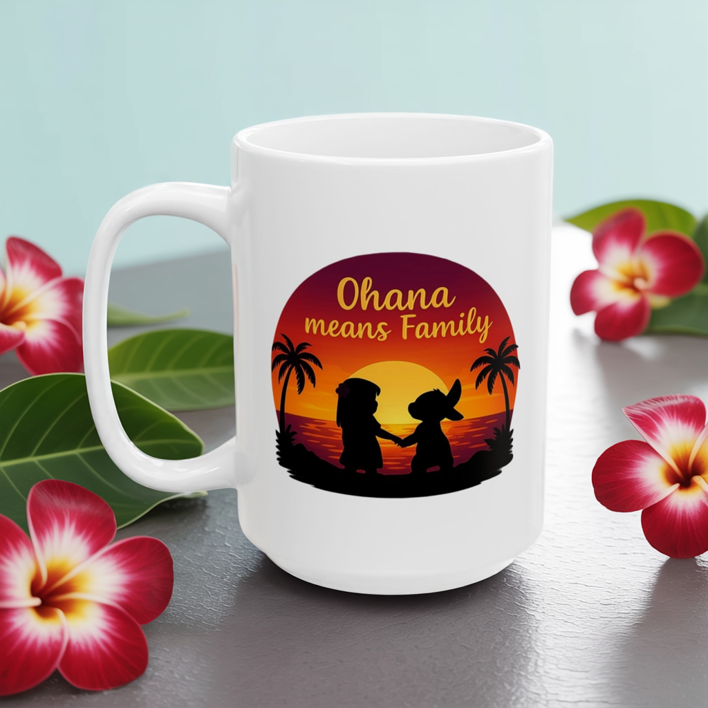 Ohana Means Family Mug – Cute Hawaiian Coffee Cup, Tropical Sunset Gift, Family Inspired Mug for Mom, Wife, or Best Friend