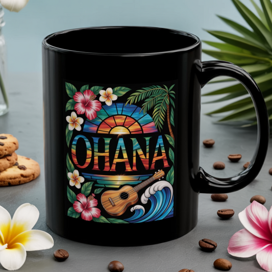 Ohana Mug Hawaiian Coffee Cup Tropical Sunset, Hibiscus Flowers, Ukulele, Aloha Gift