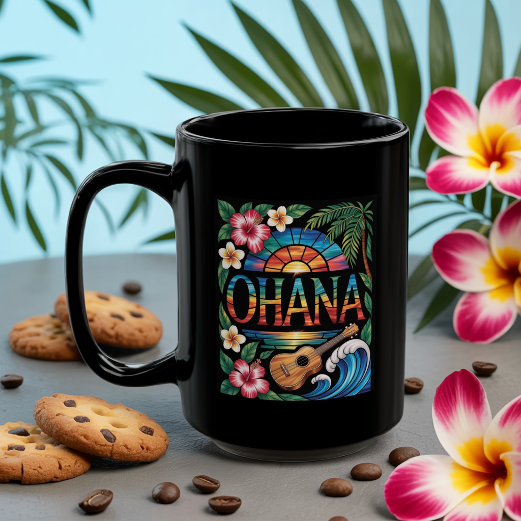 Ohana Mug Hawaiian Coffee Cup Tropical Sunset, Hibiscus Flowers, Ukulele, Aloha Gift
