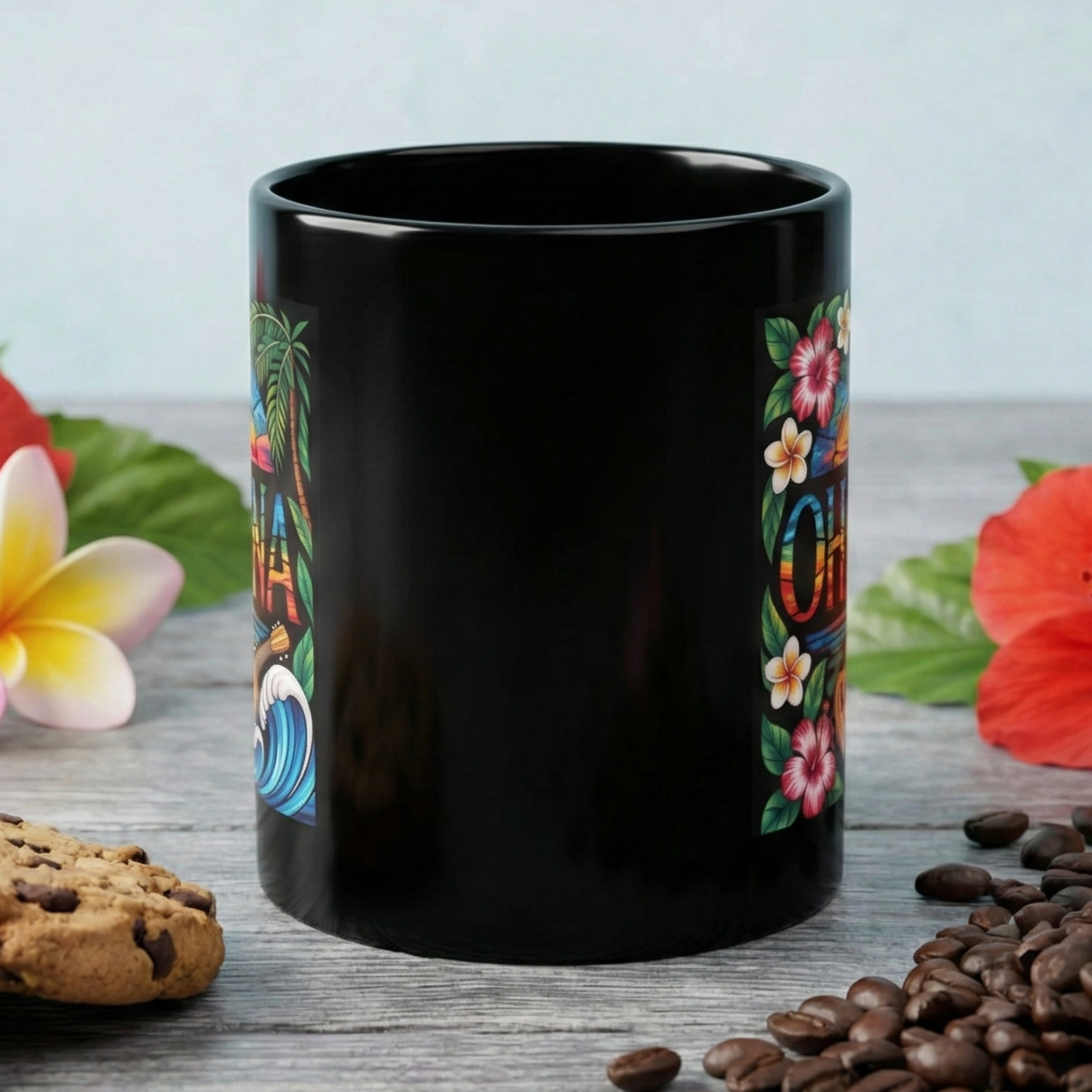Ohana Mug Hawaiian Coffee Cup Tropical Sunset, Hibiscus Flowers, Ukulele, Aloha Gift