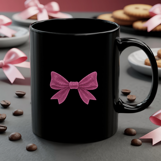 Black Mug with Pink Bow – Aesthetic Coffee Mug for Women | Cute Girly Gift, Desk Accessory, Kawaii Style Cup for Coworkers & Friends