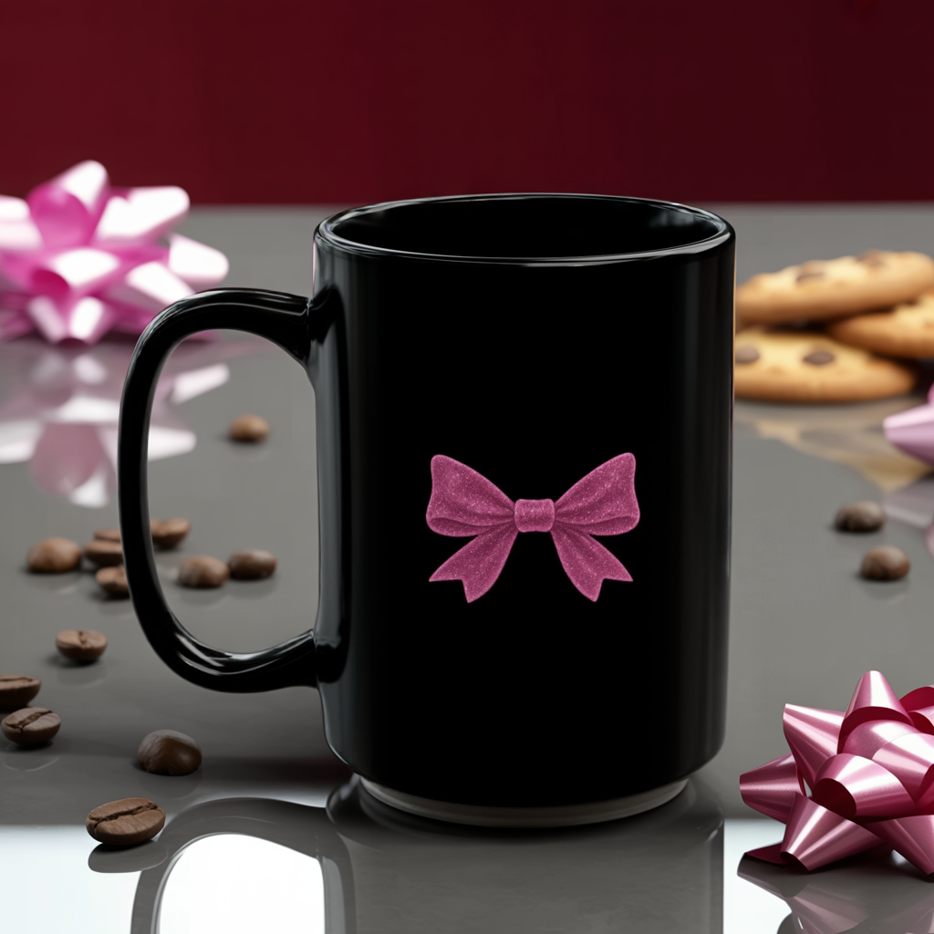 Black Mug with Pink Bow – Aesthetic Coffee Mug for Women | Cute Girly Gift, Desk Accessory, Kawaii Style Cup for Coworkers & Friends