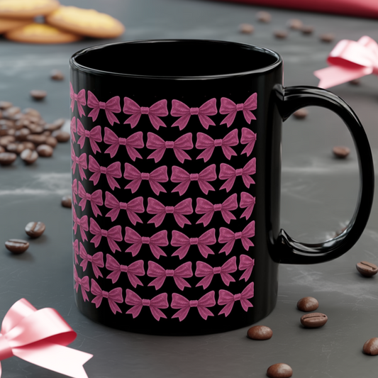 Black Bow Pattern Mug, Pink Bow Aesthetic Mug, Coquette Coffee Mug, Girly All Over Bow Cup, Cute Trendy Mug, Gift For Her