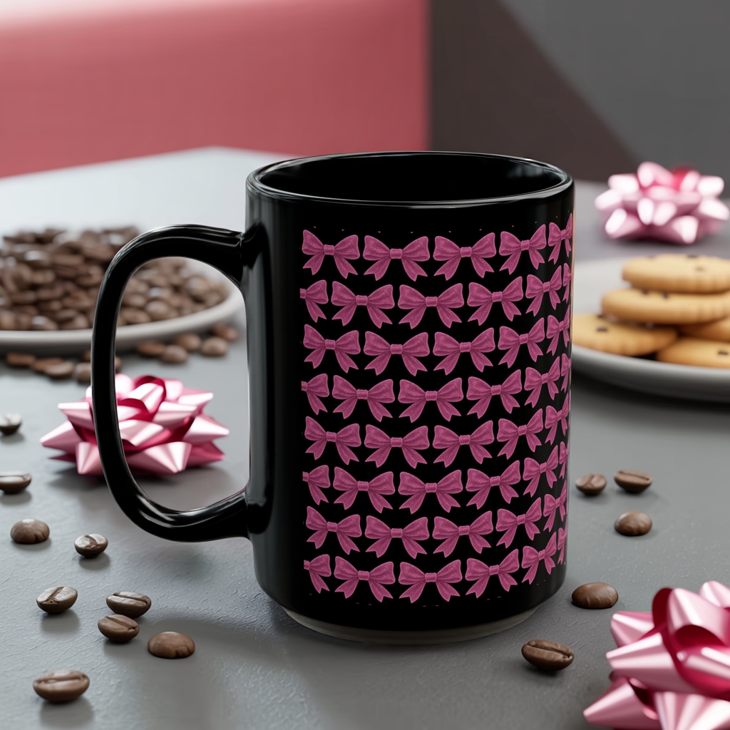 Black Bow Pattern Mug, Pink Bow Aesthetic Mug, Coquette Coffee Mug, Girly All Over Bow Cup, Cute Trendy Mug, Gift For Her