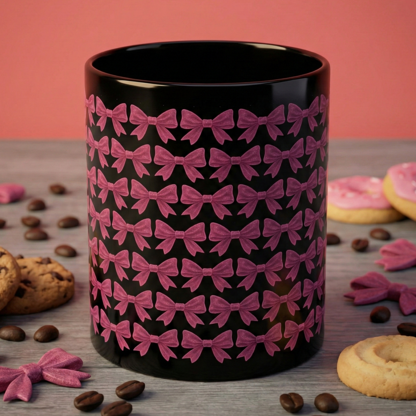 Black Bow Pattern Mug, Pink Bow Aesthetic Mug, Coquette Coffee Mug, Girly All Over Bow Cup, Cute Trendy Mug, Gift For Her