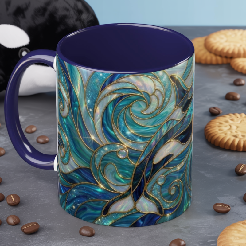 Orca Whale Coffee Mug, Ocean Art Mug, Stained Glass Whale Design, Marine Life Gift, Ceramic Coffee Cup, 11oz 15oz Waves Mug, Coastal Decor