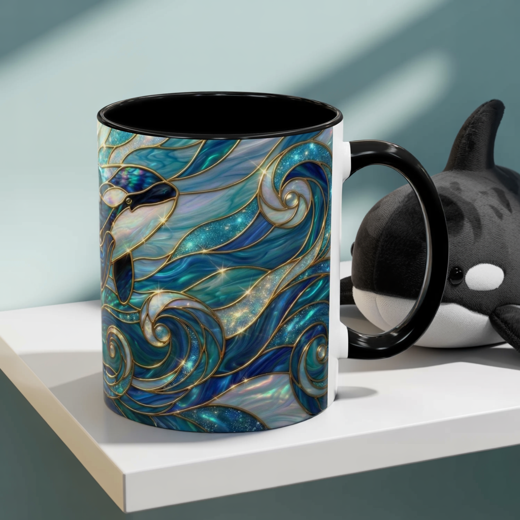 Orca Whale Coffee Mug, Ocean Art Mug, Stained Glass Whale Design, Marine Life Gift, Ceramic Coffee Cup, 11oz 15oz Waves Mug, Coastal Decor