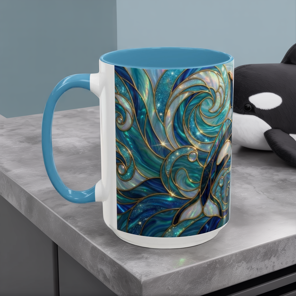 Orca Whale Coffee Mug, Ocean Art Mug, Stained Glass Whale Design, Marine Life Gift, Ceramic Coffee Cup, 11oz 15oz Waves Mug, Coastal Decor