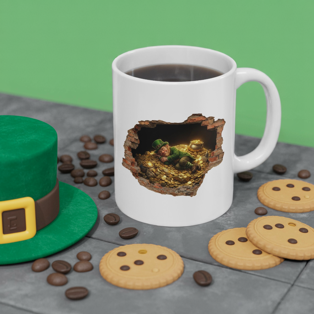 Leprechaun Coffee Mug, St Patricks Day Mug, Irish Gold Mug, Cute Leprechaun Art Cup, St Paddy Gift, Funny Irish Coffee Mug