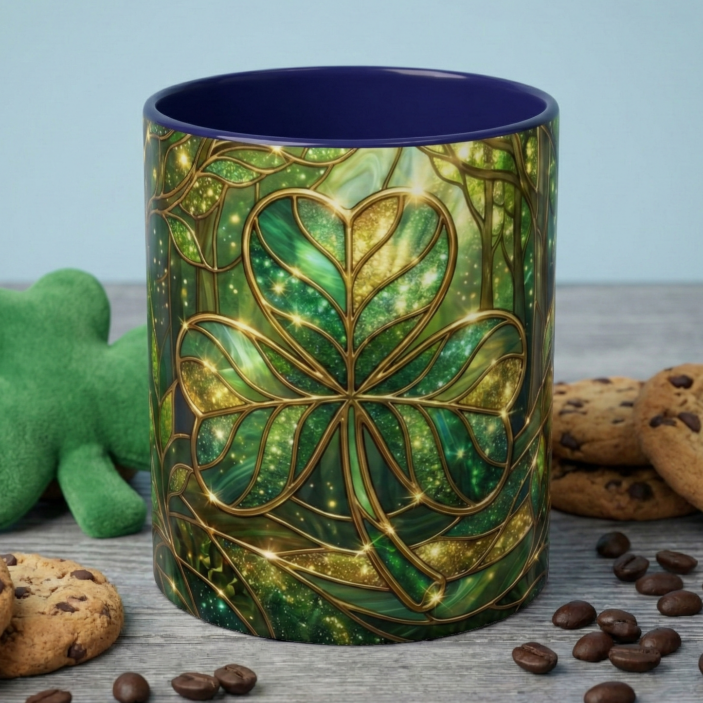Stained Glass Shamrock Mug, Celtic Irish Coffee Cup, Green Stained Glass Mug, Shamrock Art Mug, St Patrick’s Day Gift