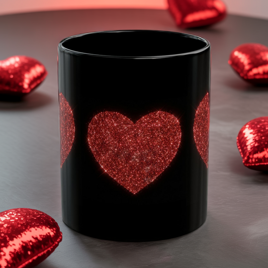 Glitter Heart Mug, Red Sparkle Heart Coffee Cup, Black Valentine Mug, Love Gift For Her Him, Romantic Coffee Mug