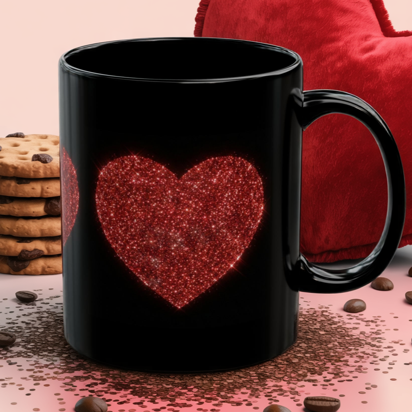 Glitter Heart Mug, Red Sparkle Heart Coffee Cup, Black Valentine Mug, Love Gift For Her Him, Romantic Coffee Mug
