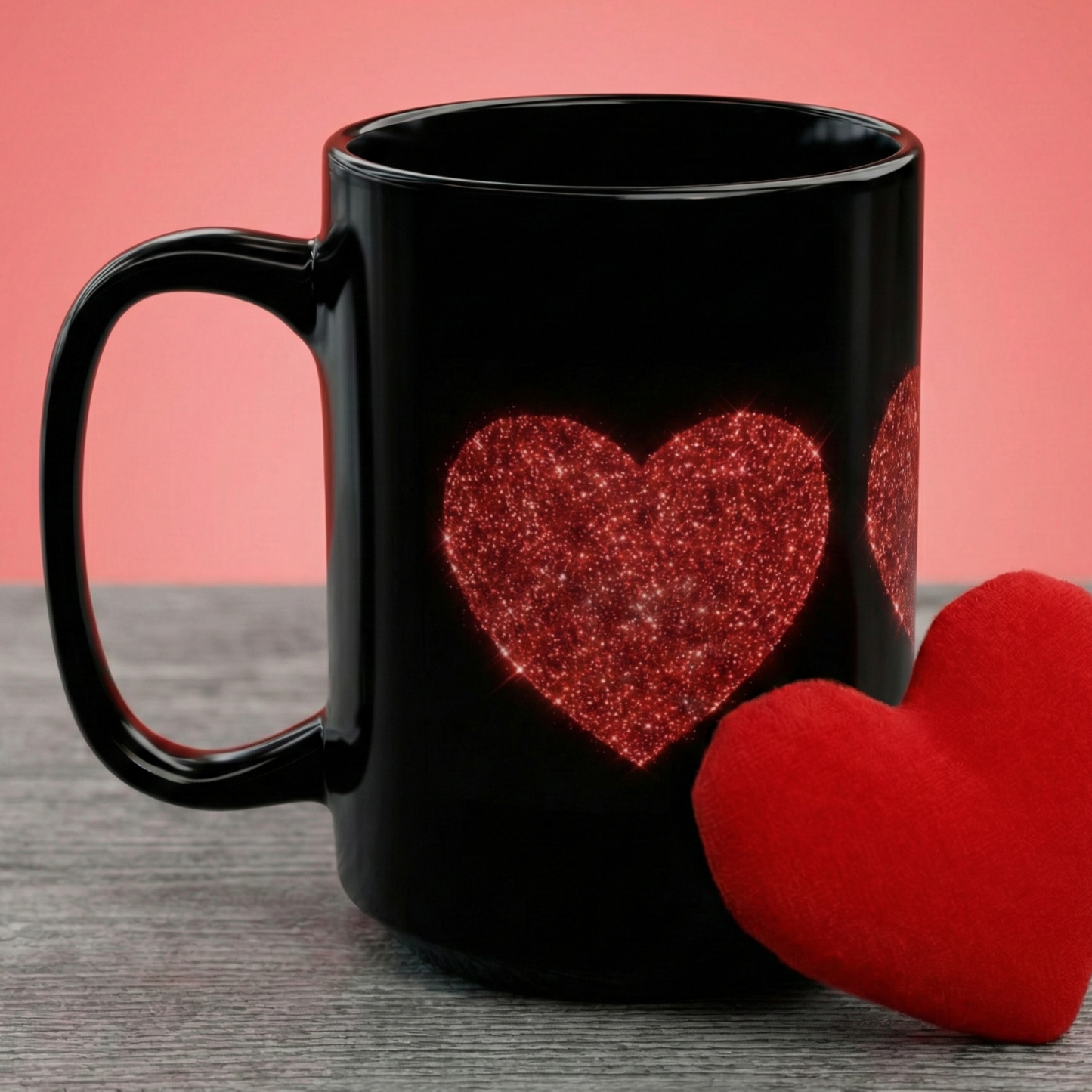 Glitter Heart Mug, Red Sparkle Heart Coffee Cup, Black Valentine Mug, Love Gift For Her Him, Romantic Coffee Mug